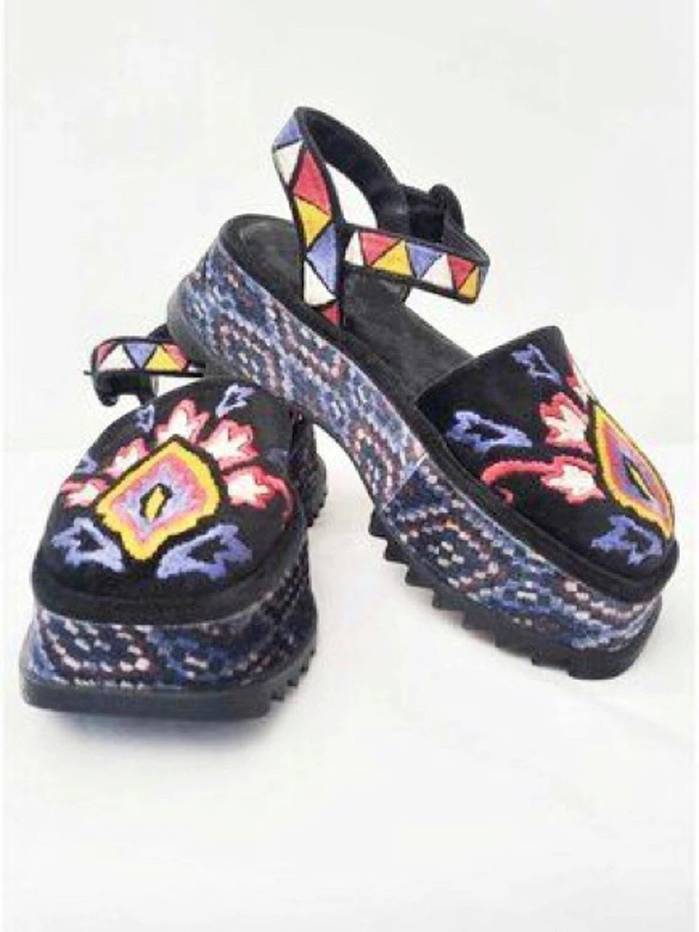 Farm Rio Black Velvet Embroidered Platform Wedges